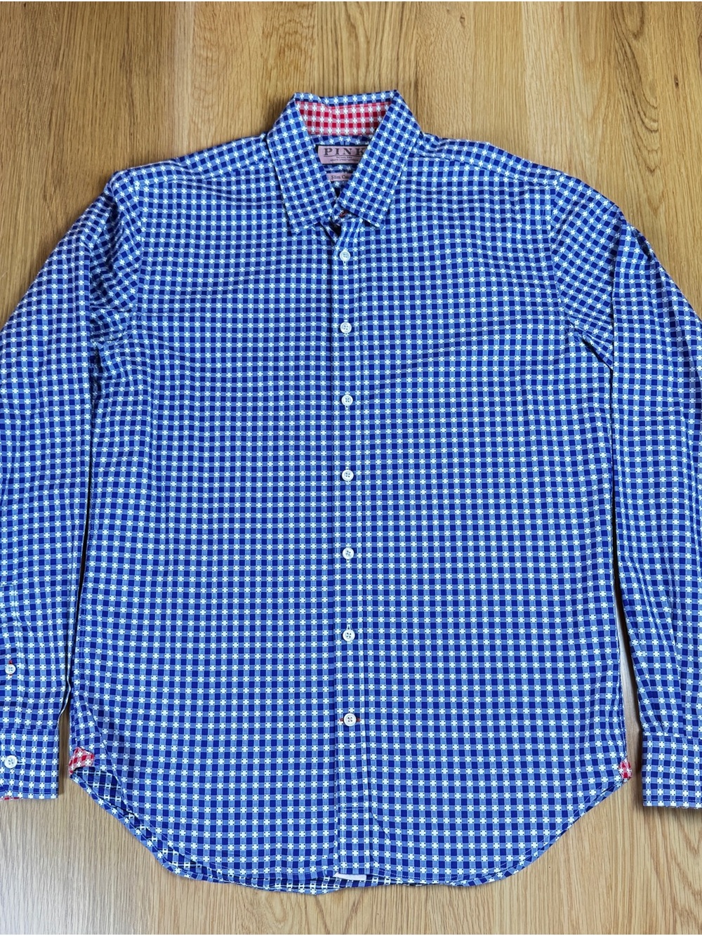 Thomas Pink Slim Casual Blue and White Gingham Button-Down Shirt